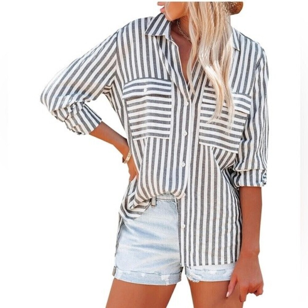 Women's Black Striped Button Down‎ Shirts Casual Long Sleeve Stylish Tops.